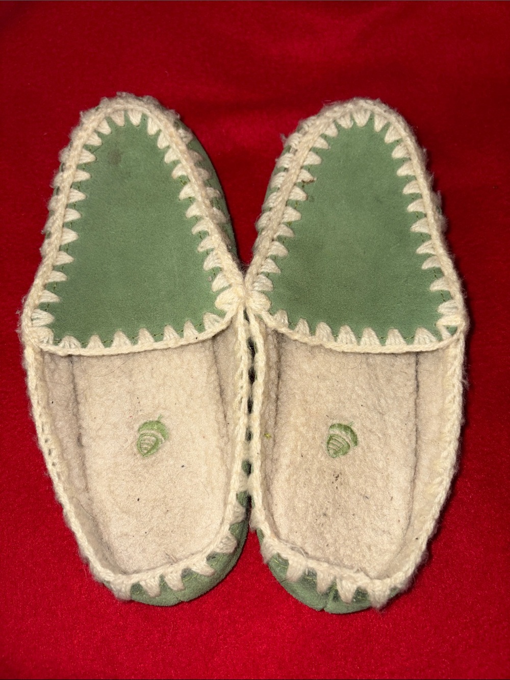 Acorn Green Suede-Top Wool Moccasin Slippers